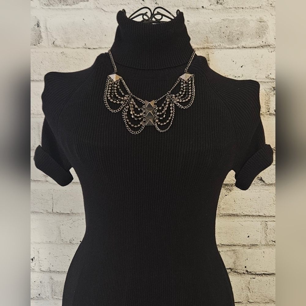 Silver Tone Layered Chain Bib Necklace Gothic Punk Studded Statement